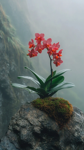 悬崖红蝴蝶兰独放