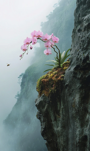 悬崖上的蝴蝶兰与蜜蜂
