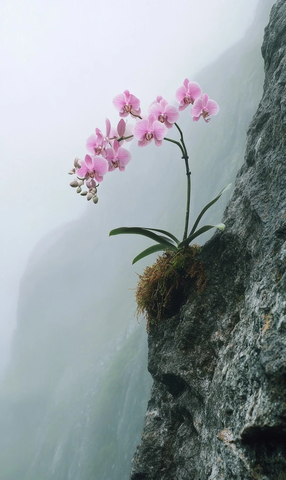 悬崖孤生蝴蝶兰花茎丛生苔藓伴