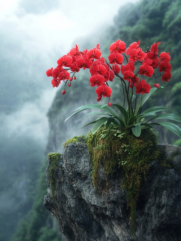 红蝴蝶兰悬崖生长茂盛