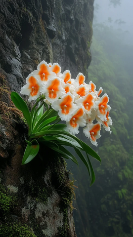 悬崖石壁上的心形兰花