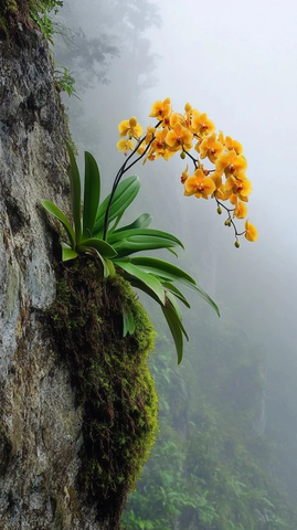 悬崖孤生蝴蝶兰花叶茂盛