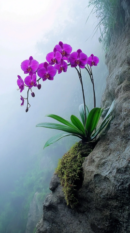 紫色蝴蝶兰独自生长悬崖