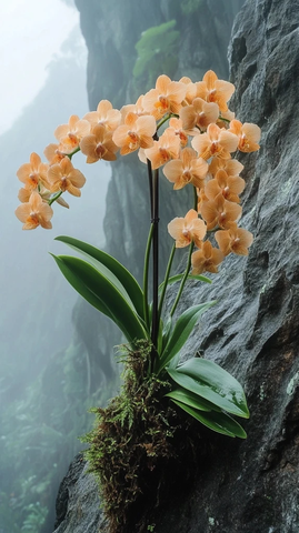 悬崖孤生蝴蝶兰花开茂盛