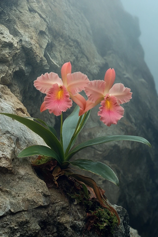 悬崖石壁上的红心兰花