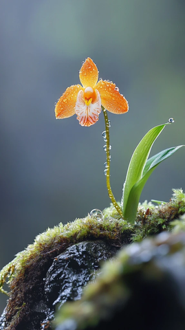 山石青苔上的橙白兰花