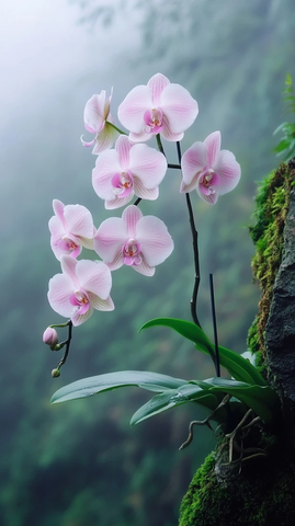 石壁上的多色蝴蝶兰花朵