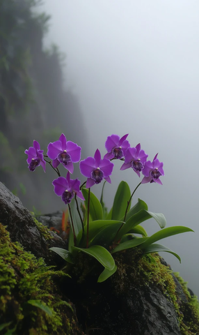 紫色蝴蝶兰生长在青苔石上