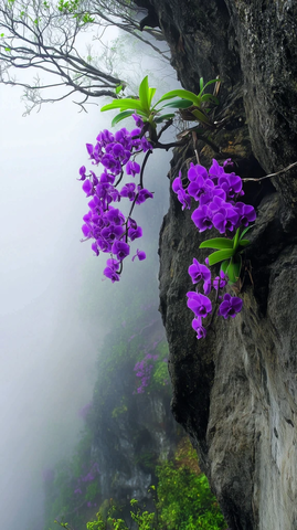 悬崖壁上紫色蝴蝶兰