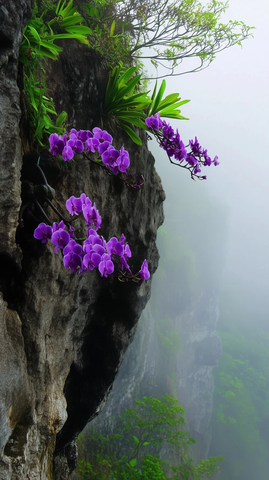 紫蝶兰岩壁雾气缭绕