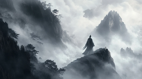 云雾缭绕的山间独行古装人