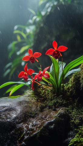 红兰花苔藓岩石雨景