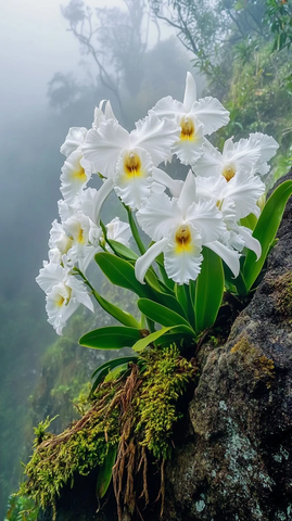 悬崖上的白色兰花与心形花簇
