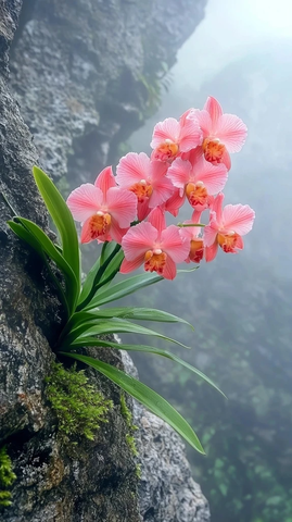 悬崖石壁上的红心兰花