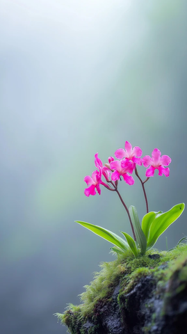 石壁上的粉色兰花与苔藓