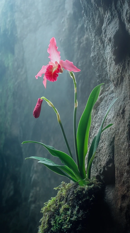 悬崖石壁上的红兰花与苔藓