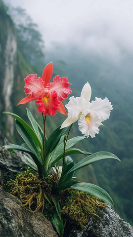 悬崖上的双色兰花与苔藓