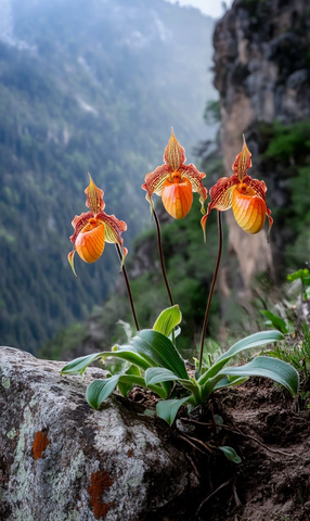 山巅石缝中的橙色拖鞋兰
