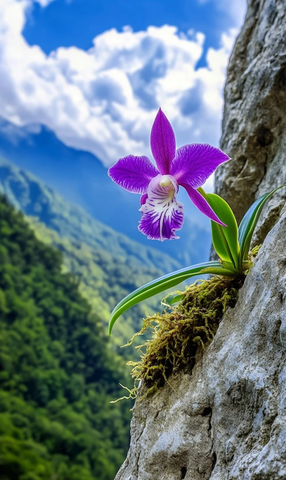 峭壁石斛花与青苔绿林