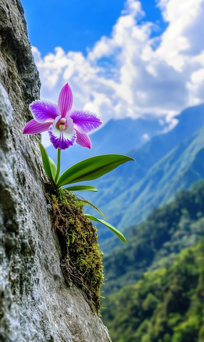 悬崖石缝中的紫白石斛兰