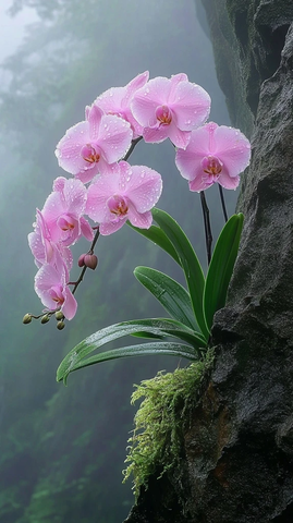 悬崖孤生粉蝶兰雨后花开