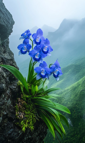 石缝蓝花雨雾山景