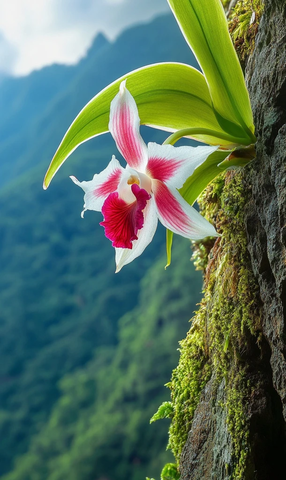 红白大花石斛悬挂苔藓壁