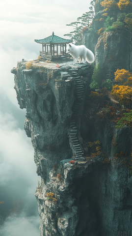 悬崖上的亭子与白狐的奇异景致