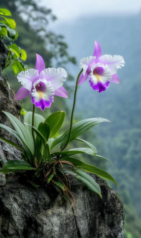 石缝中的紫色白色石斛兰