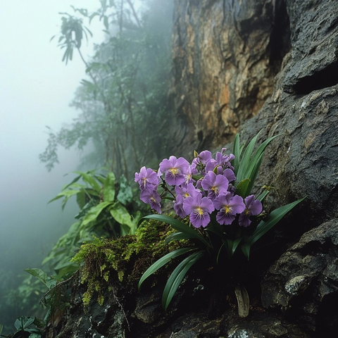 紫色兰花悬崖石壁生长