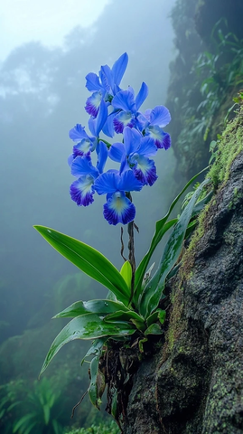 悬崖独生兰花茂盛绽放