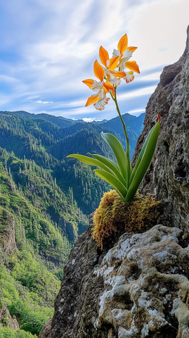 山岩上的兰花与绿色森林