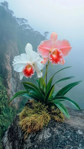 悬崖上的双色兰花与苔藓