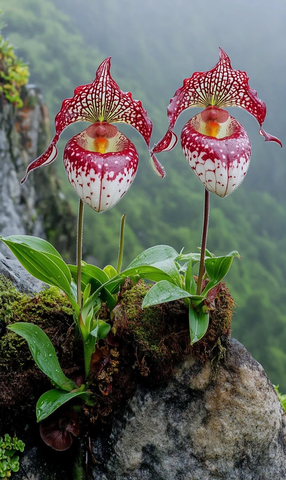 山顶石缝红白拖鞋兰盛开