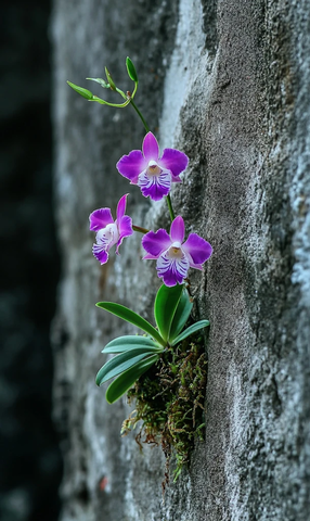紫白石斛兰与绿叶苔藓
