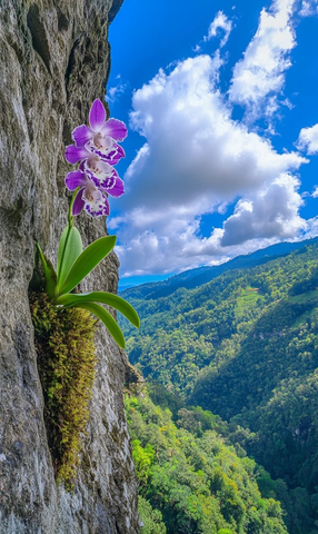 绝壁上的紫色石斛兰