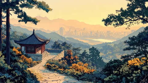 山林间小径上的中式亭子远景城市风光