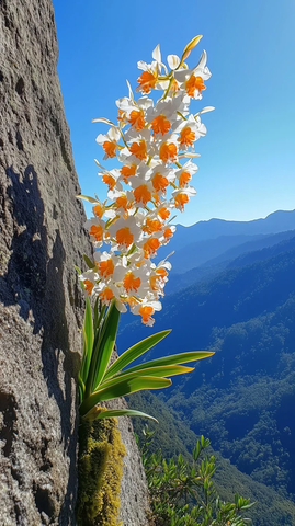 橙白石斛花陡峭岩缝