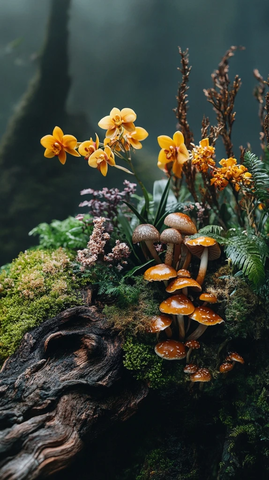 兰花苔藓蘑菇根木自然组合