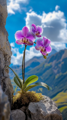 悬崖缝隙中的粉红蝴蝶兰