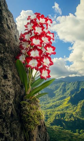 悬崖缝隙红白兰花盛开
