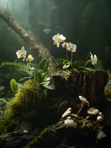 兰花苔藓蘑菇木桩自然场景