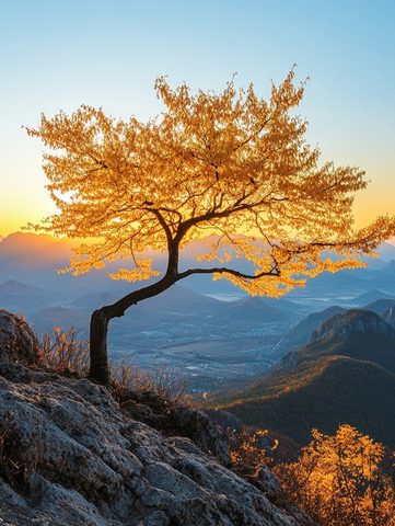 山顶上的独树在阳光照耀下的美丽景象