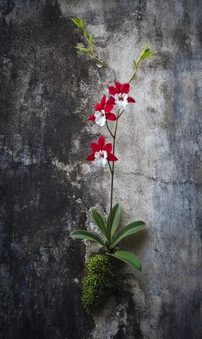 红白石斛兰与绿叶墙隙生长