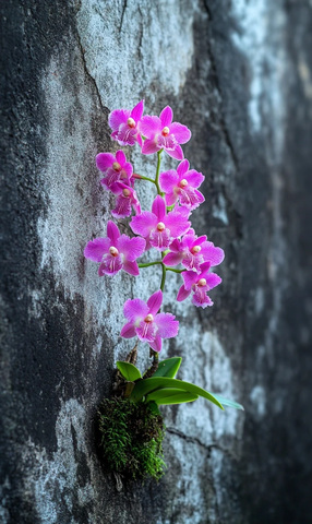 墙缝中的石斛花与苔藓