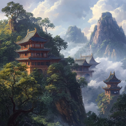 山间古式楼阁景观