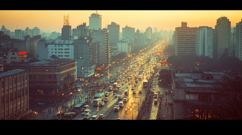 城市街道车流涌动的黄昏景象