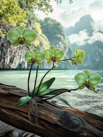 绿色兰花枯木背景山水