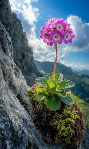 悬崖缝隙中的粉色报春花