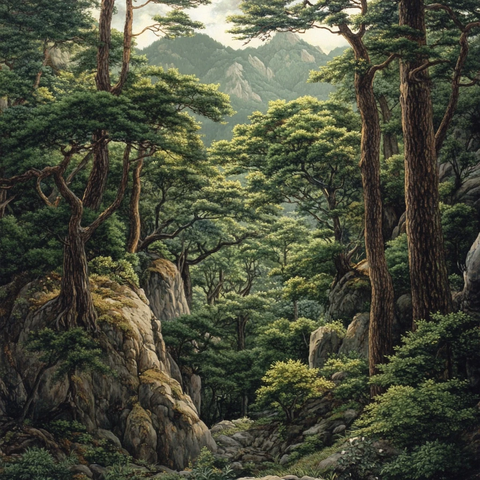 山林间的茂密树林与岩石景观